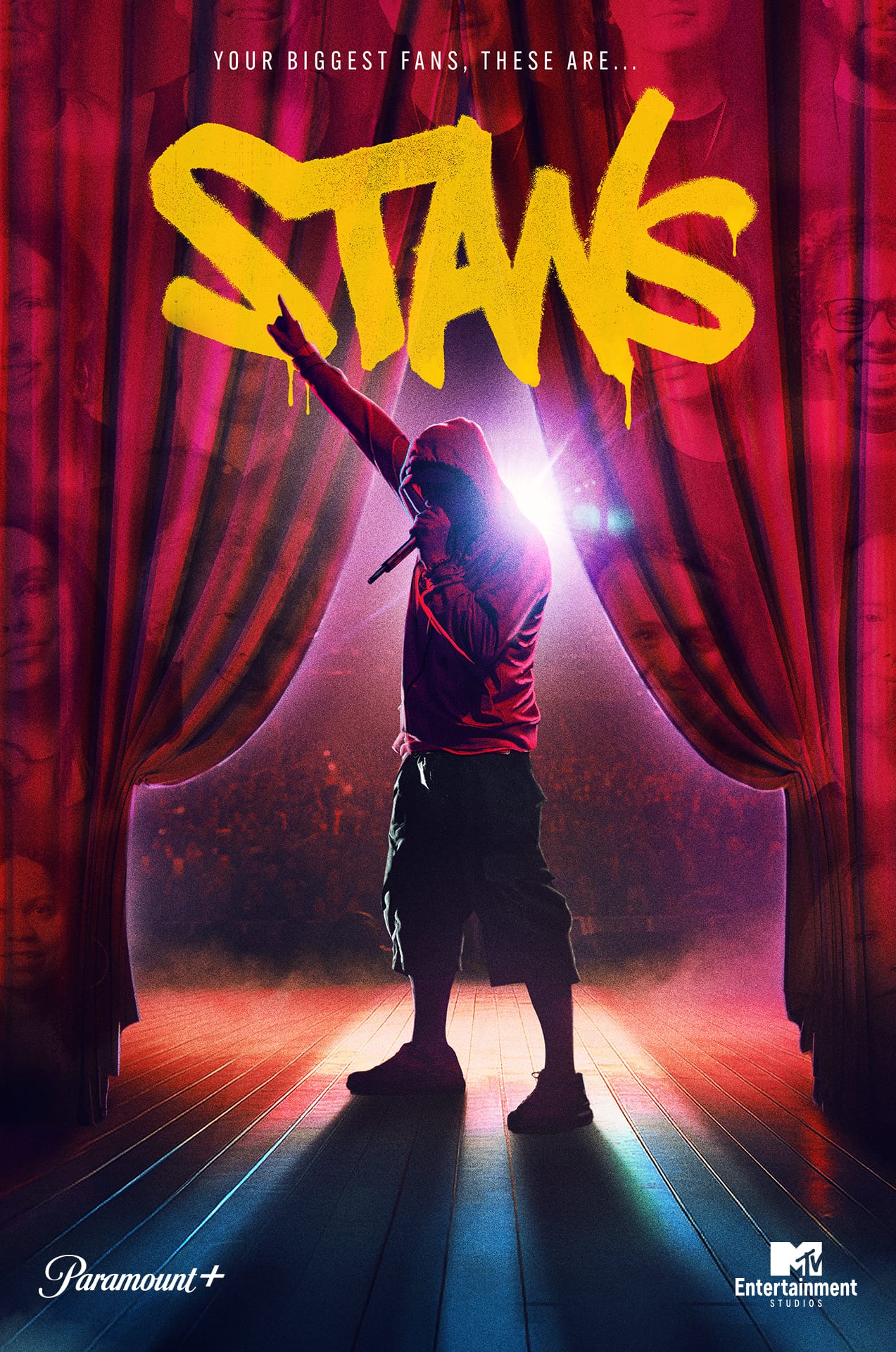 Stans key art featuring a silhouette of Eminem on stage in front of a stage curtain.
